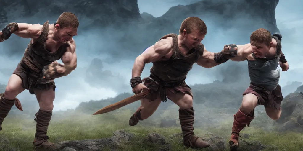 Image similar to 4k still of a ripped athletic halfling in combat