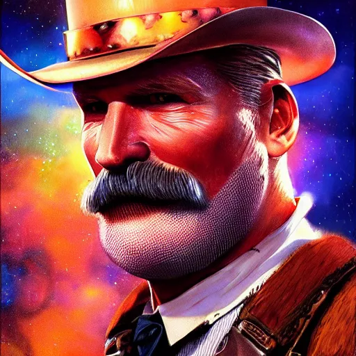 Image similar to Photorealistic Wyatt Earp as a space cowboy. Hyperdetailed photorealism, 108 megapixels, amazing depth, glowing rich colors, powerful imagery, psychedelic Overtones, 3D finalrender, 3d shading, cinematic lighting, artstation concept art