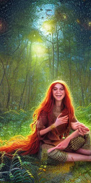 Prompt: infp young woman, smiling amazed, golden fireflies lights, sitting in the midst of nature fully covered, long loose red hair, intricate linework, bright accurate green eyes, small nose with freckles, oval shape face, realistic, expressive emotions, dramatic lights spiritual scene, hyper realistic ultrafine art by michael cheval, jessica rossier, boris vallejo