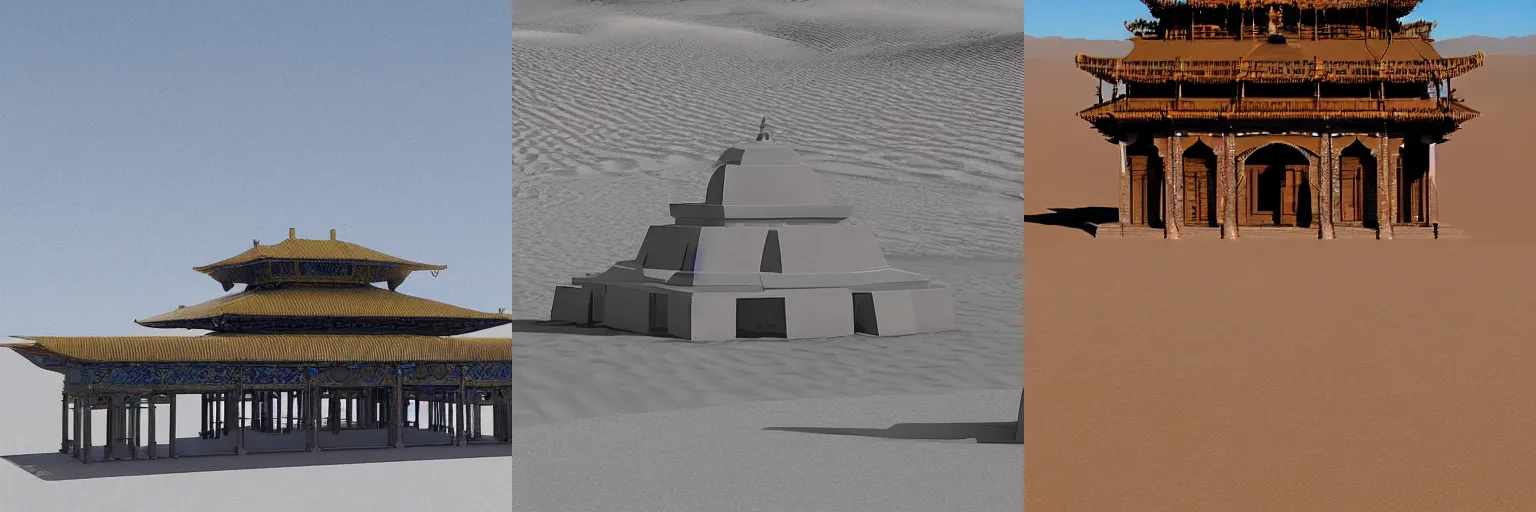 Prompt: Steelwork temple in the Gobi Desert, concept art