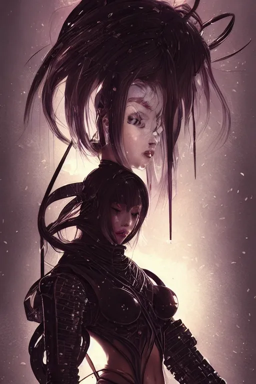 Prompt: portrait Ninja gaiden girl, armored black ninja wardrobe, in ruin japanese temple night, ssci-fi and fantasy, intricate and very very beautiful and elegant, highly detailed, digital painting, artstation, concept art, smooth and sharp focus, illustration, art by tian zi and WLOP and alphonse mucha