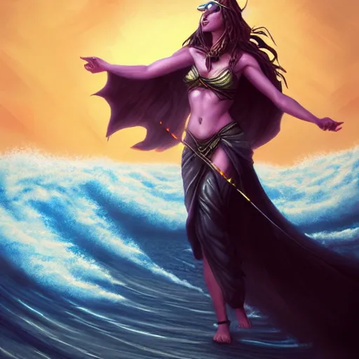 Prompt: sorceress casting a spell to stop a massive wave, trending on artstation, fantasy