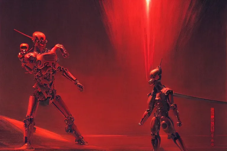 Image similar to only with red, a red cyborg samurai, tokio futuristic in background, some evil yokai fight, in the style of beksinski, parts by edward hopper, parts by rodcenko, parts by yue minjun, intricate and epic composition, red by caravaggio, insanely quality, highly detailed, masterpiece, red light, artstation, 4 k