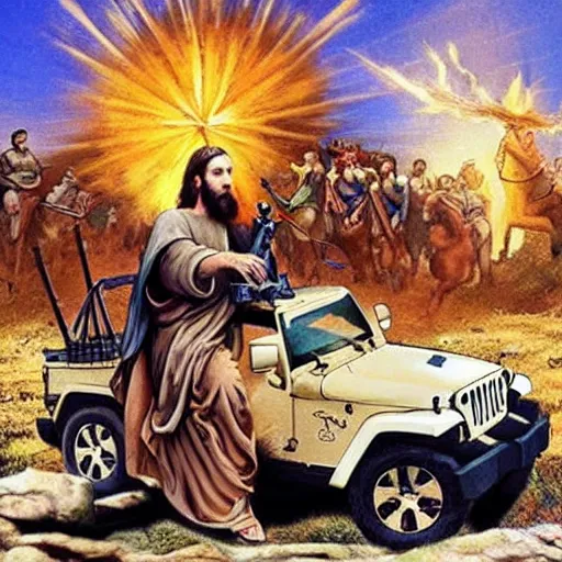 Image similar to jesus with a machine gun riding a jeep, explosions in the background