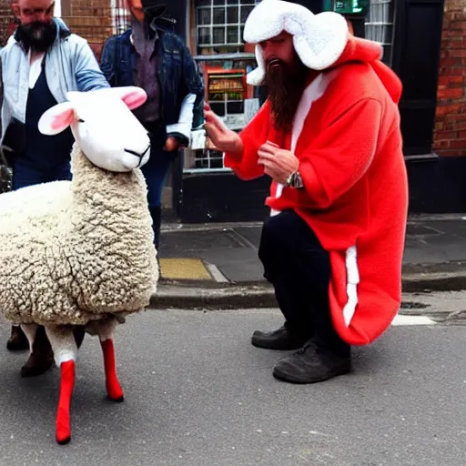 Image similar to photo of a man in a sheep costume is on fire and jesus is helping him outside a british pub