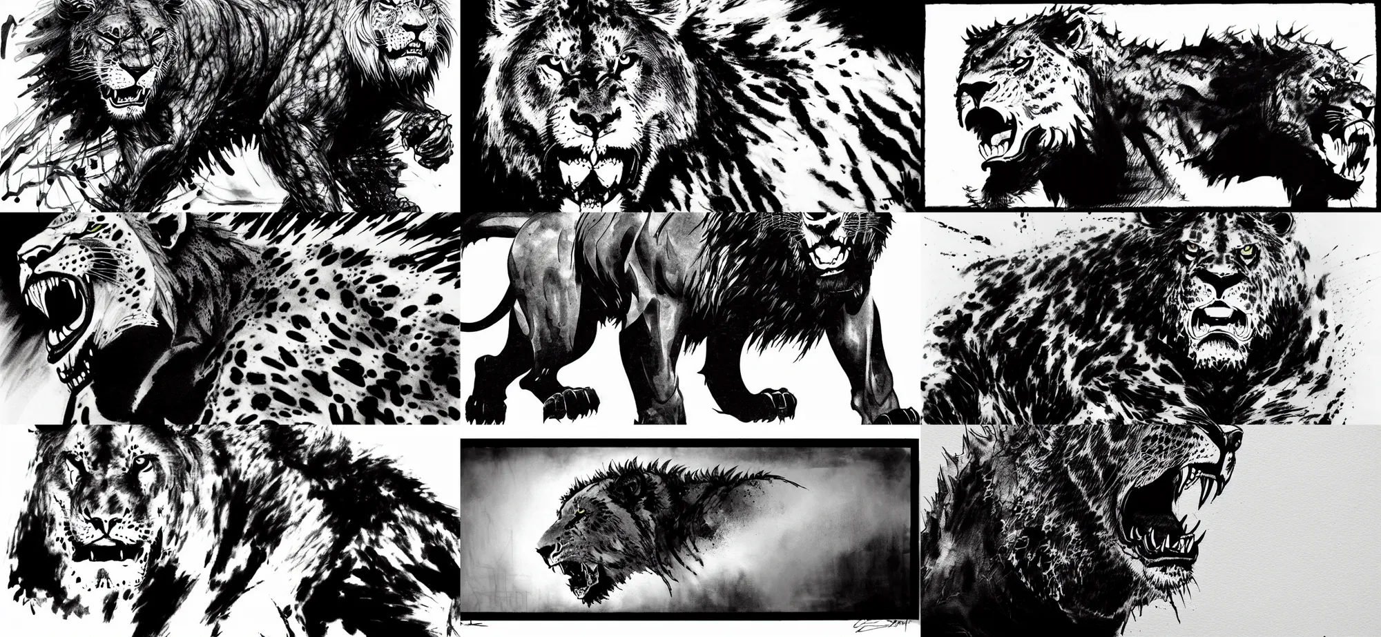 Prompt: expressive concept ink art of a large enraged male Panthera leo by Yoji Shinkawa, simplistic ink strokes, ferocious roar, snarling, intense focused gaze staring directly at the camera, King of the jungle, heavy two tone shading, black smoke surrounds the area, black and white filter, white background, by Yoji Shinkawa AND Greg Rutkowski, Mark Arian, 4k, trails of ink follow movements