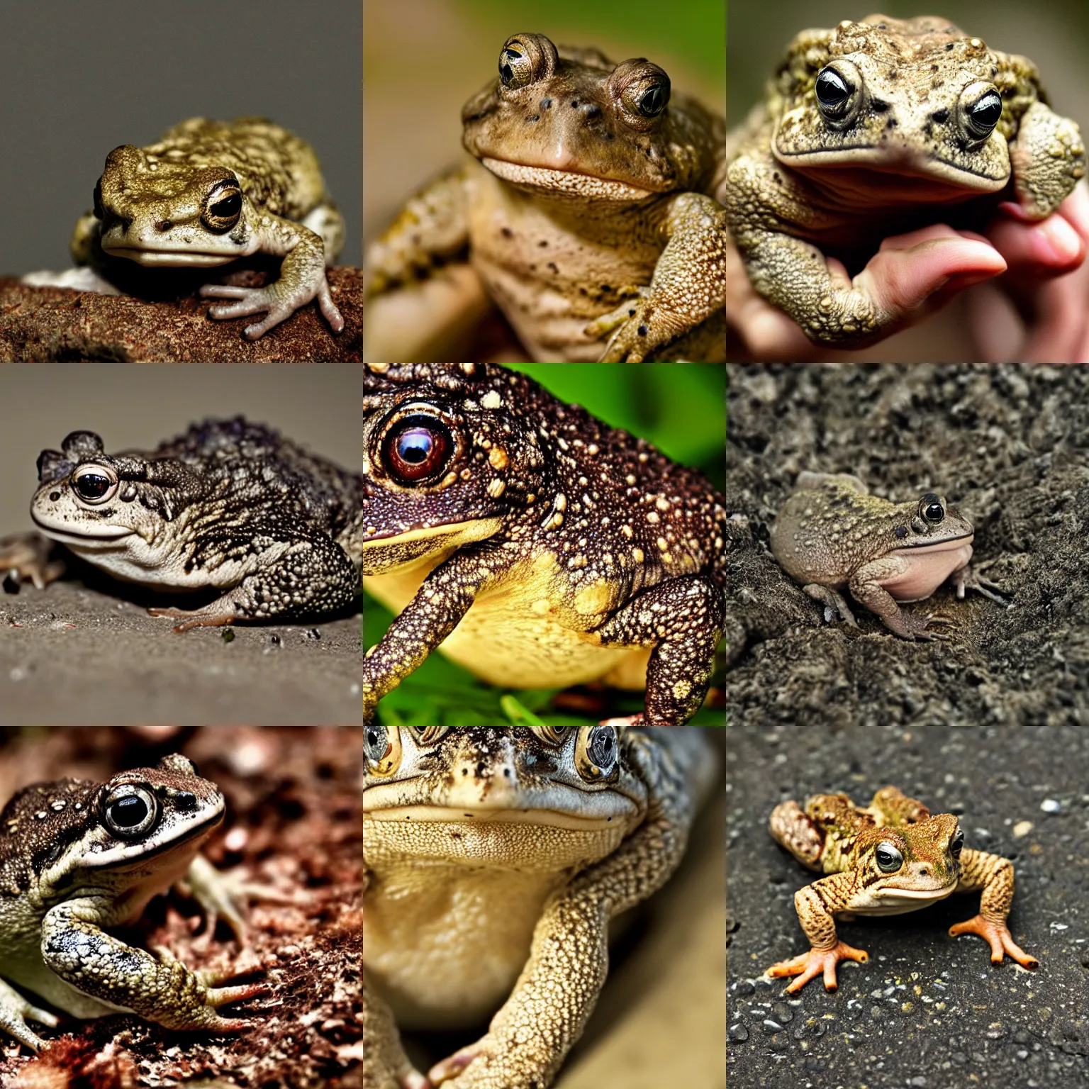 Prompt: toad animal!!! macro shot one human hand, photograph -