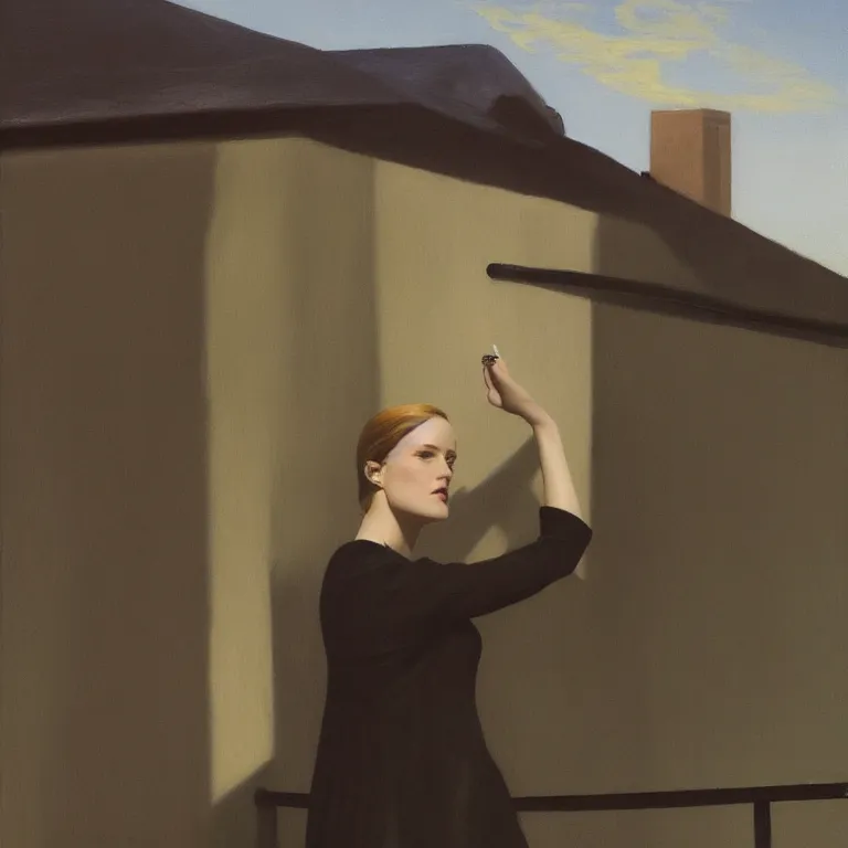 Image similar to portrait of Evan Rachel Wood on a roof, fog, early morning, , painted by Edward Hopper, painted by Wayne Barlow, airbrush