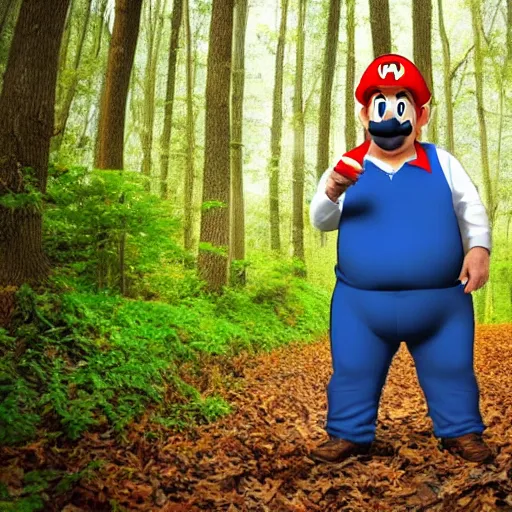 Prompt: fat italian man dressed as mario eating wild mushrooms off the forest floor