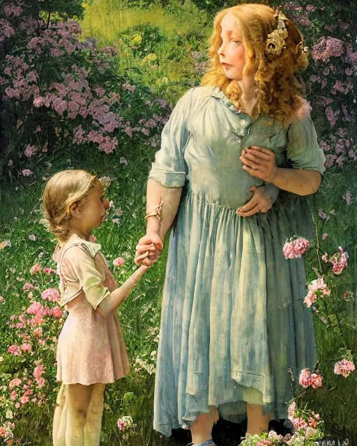 Prompt: detailed painting of a beautiful tardigrade standing upright and holding hands with a young girl, untouched by humans for years, with a brooding fairy inside it. sunlight beams down on the scene and you can tell it is spring from the flowers. atmospheric. by norman rockwell