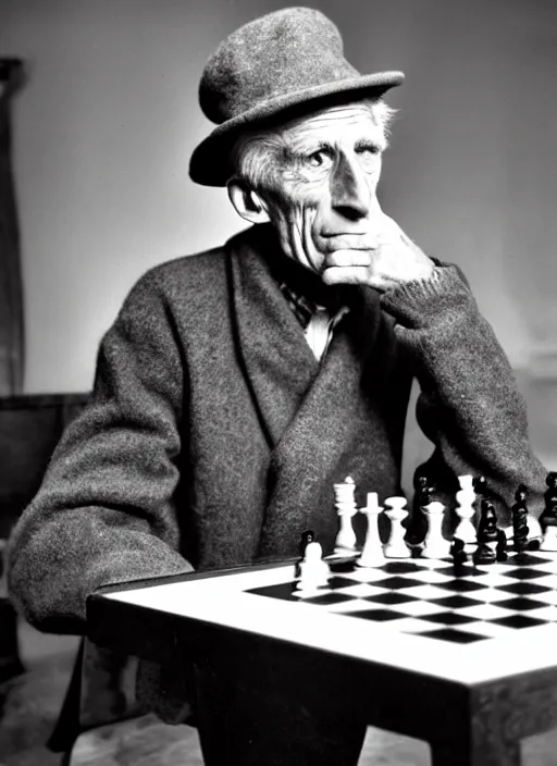 Image similar to samuel beckett playing chess with a sad death wearing a blu hat, photo, expressionist, nordic light