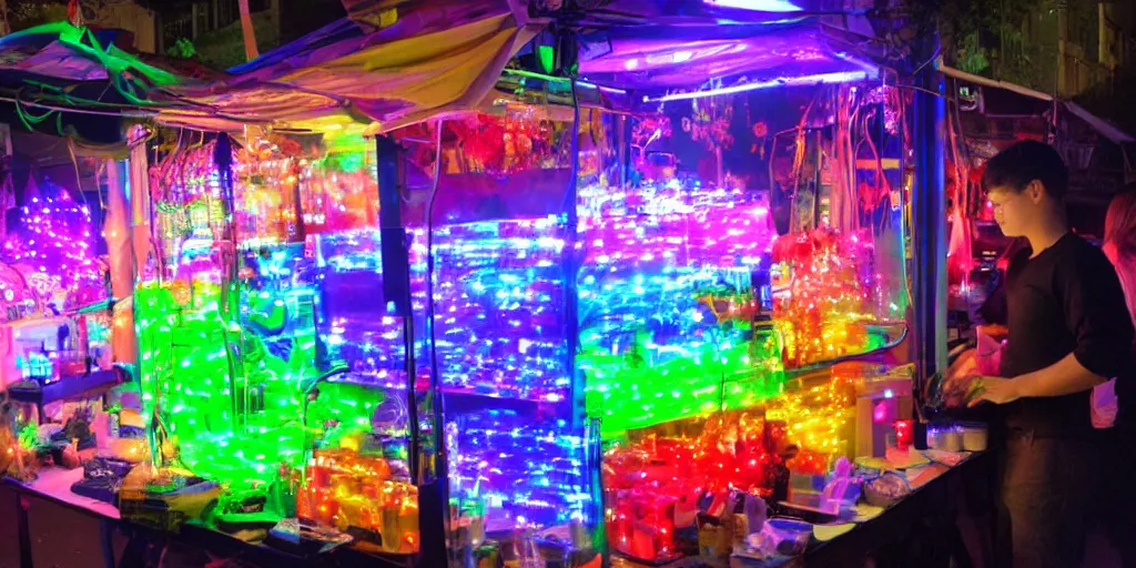Prompt: edible rgb lights being sold at a road side stand, cyberpunk, high quality, ue 5.