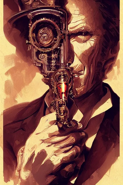 Image similar to clint eastwood steampunk cyborg smoking cigar, portrait, western, duster, fantasy, intricate, elegant, highly detailed, digital painting, artstation, concept art, sharp focus, illustration, art by artgerm and greg rutkowski and alphonse mucha