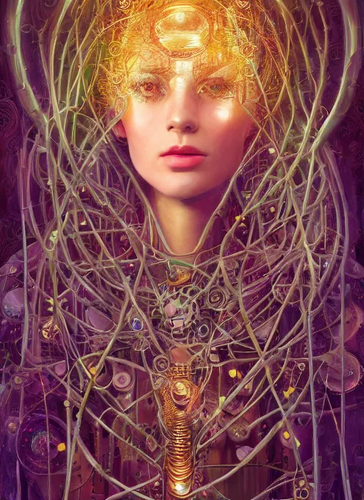 Image similar to oil painting of android woman covered by plants and crystals in the mystical forest, beautiful symmetrical face, renaissance style, wires and cords, golden steampunk, retro futurism, sci - fi, filigree jewellery, baroque, cinematic light, mystical shadows, 8 k