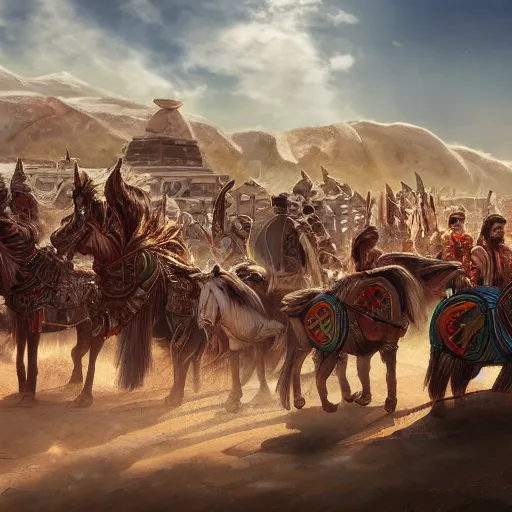 Prompt: a trade caravan of an ancient anatolian civilisation, trending on artstation, cinematic composition, detailed, hd, digital art