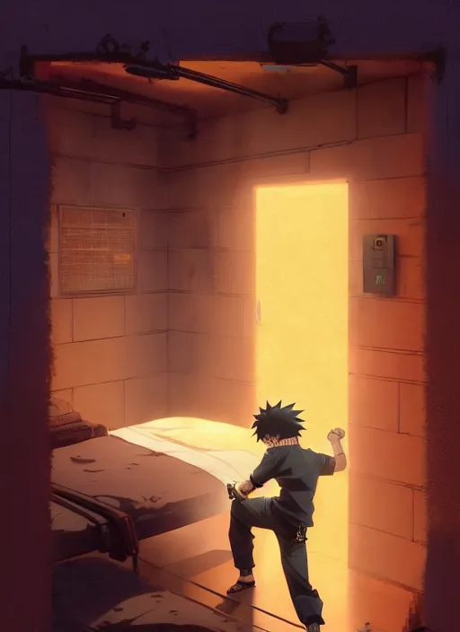 Image similar to highly detailed prison cell with naruto uzumaki with black hair, punching a wall, art by greg rutkowski, loish, rhads, ferdinand knab, makoto shinkai and lois van baarle, ilya kuvshinov, rossdraws, tom bagshaw, global illumination, radiant light, detailed and intricate environment