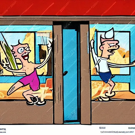 Prompt: beavis and butthead happily exiting a bakery called french hot bread in cartoon style