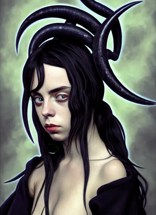 Image similar to Billie Eilish with two demon horns, noir, highly detailed, digital painting, artstation, concept art, sharp focus, illustration, art by Alphonse Mucha and Ian Sprigger and Edmund Bliar Leighton