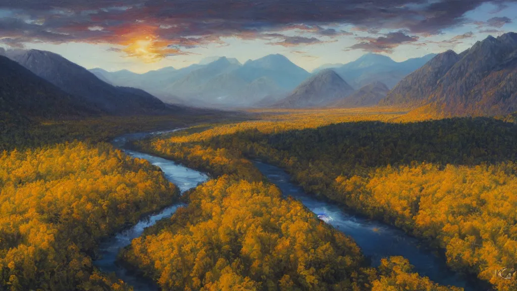 Image similar to The most beautiful panoramic landscape, oil painting, where the mountains are towering over the valley below their peaks shrouded in mist. The sun is just peeking over the horizon producing an awesome flare and the sky is ablaze with warm colors. The river is winding its way through the valley and the trees are starting to turn yellow and red, by Greg Rutkowski, aerial view