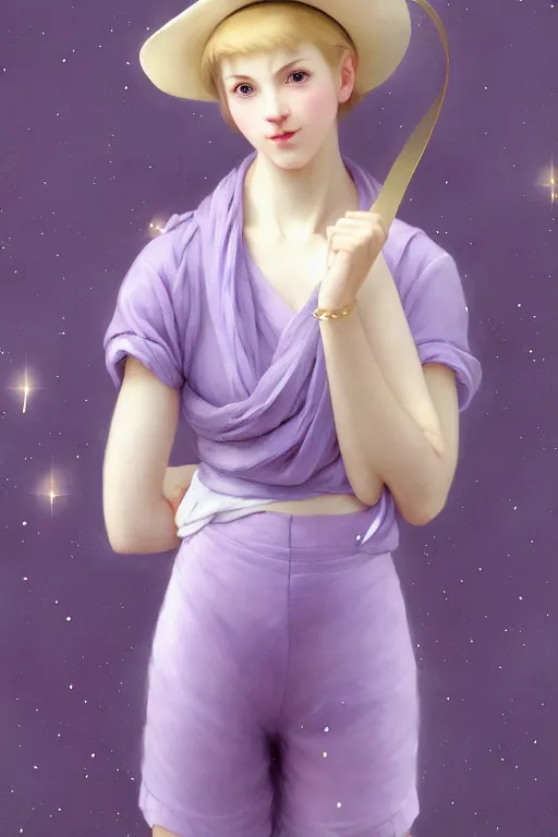 Image similar to Full View girl with short blond hair wearing an oversized purple Beret, Baggy Purple overall shorts, Short Puffy pants made of silk, silk shoes, a big billowy scarf, Golden Ribbon, and white leggings Covered in stars. Short Hair. masterpiece 4k digital illustration by Ruan Jia and Mandy Jurgens and Artgerm and william-adolphe bouguereau, award winning, Artstation, art nouveau aesthetic, Alphonse Mucha background, intricate details, realistic, panoramic view, Hyperdetailed, 8k resolution, intricate art nouveau