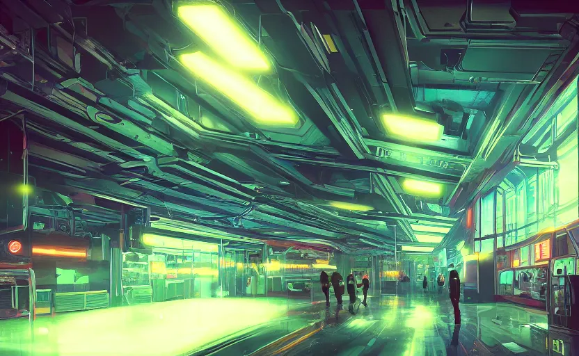 Image similar to playing area, indoor, neon lights, cyberpunk, highly detailed, digital painting, architecture, artstation, concept art, sharp focus, illustration