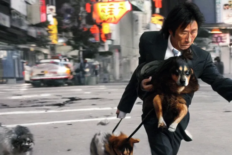 Image similar to cinematography action movie closeup portrait of a Japanese business man carrying his dog running from an explosion in Tokyo by Michael Bay