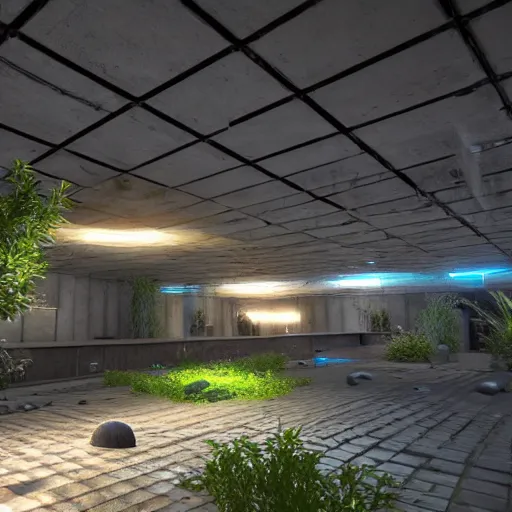 Prompt: screenshot of a first person shooter game on unreal engine 5, in a liminal underground garden, photorealistic, retrofuturism, brutalism, staggered terraces, minimalist, soft vintage glow