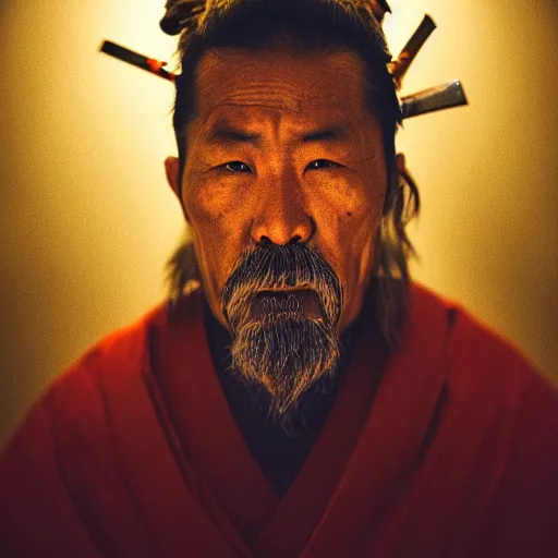 Image similar to stunning beautiful portrait photography of a face detailing middle aged samurai from national geographic magazine award winning, dramatic lighting, taken with Sony alpha 9, sigma art lens, medium-shot