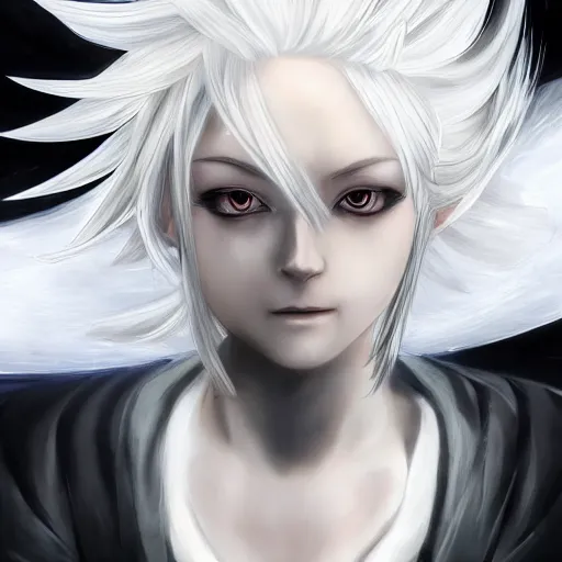 Image similar to Highly detailed Renaissance oil portrait of an anime girl with white hair and black eyes wearing three piece suit in the style of Yoshitaka Amano and Final Fantasy drawn with expressive brush strokes, abstract black and white background, film grain effect