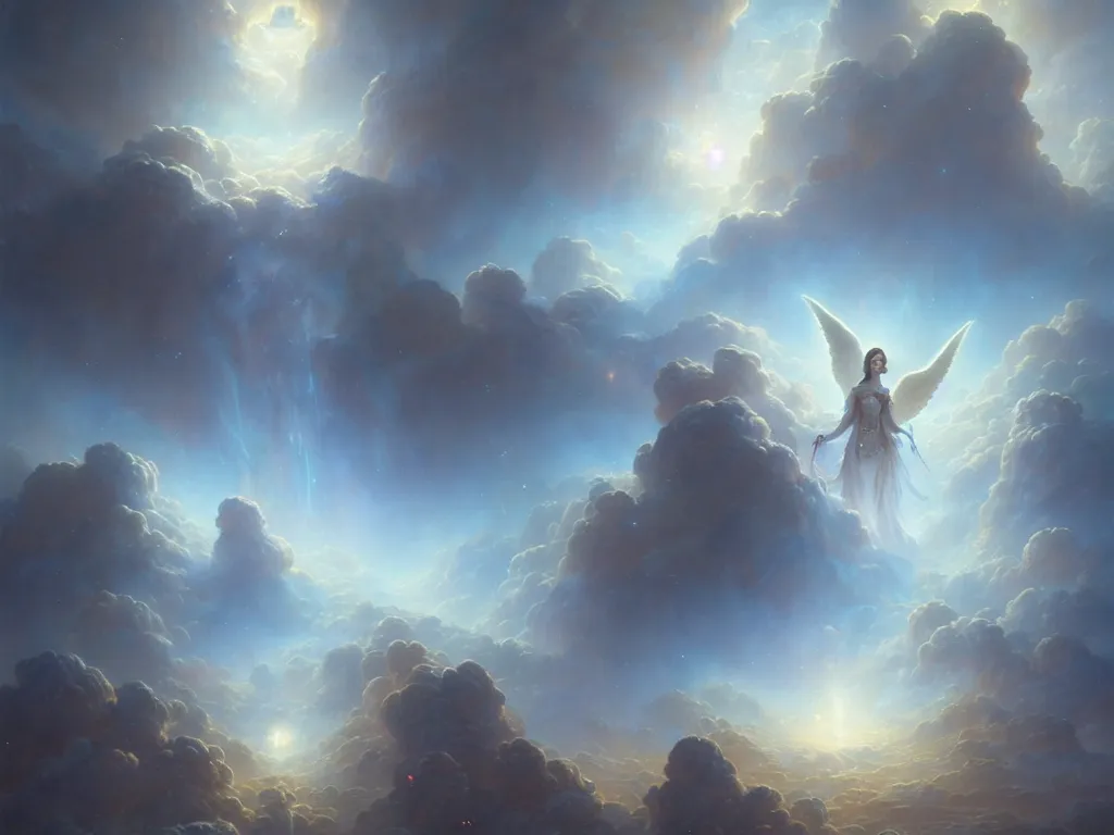 Image similar to ultra detailed matte painting of a celestial army of angels within the cosmic clouds by greg rutkowski and peter mohrbacher, volumetric lighting, depth of field.