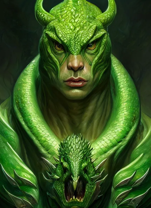 Image similar to portrait of aggressive draconic humanoid, d & d, muscular! green, fantasy, intricate, elegant, highly detailed, digital painting, artstation, concept art, smooth, sharp focus, illustration, art by artgerm and greg rutkowski and alphonse mucha