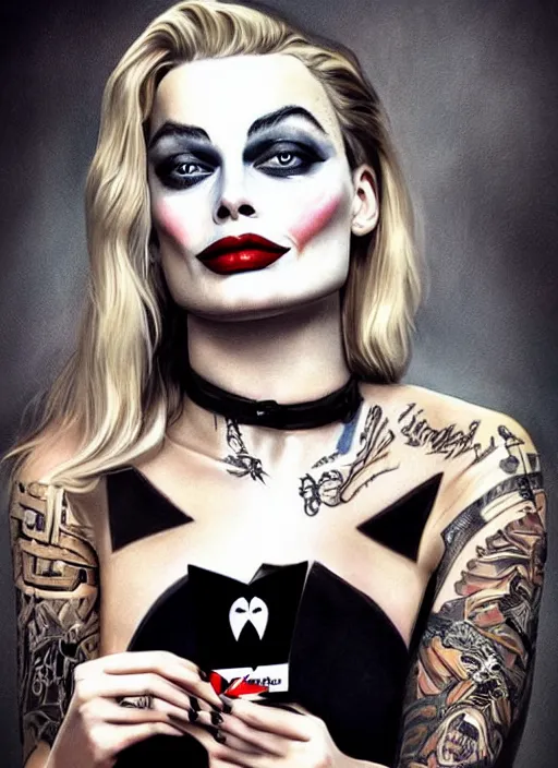 Image similar to tattoo design of beautiful margot robbie portrait with joker makeup, holding an ace card, in the style of den yakovlev, realistic face, black and white, realism tattoo, hyper realistic, highly detailed