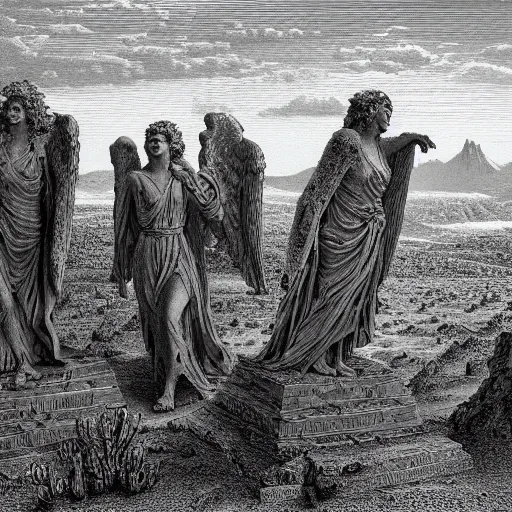 Prompt: weeping angel statues in the mohave desert, high detail, dramatic light, illustration by gustave dore