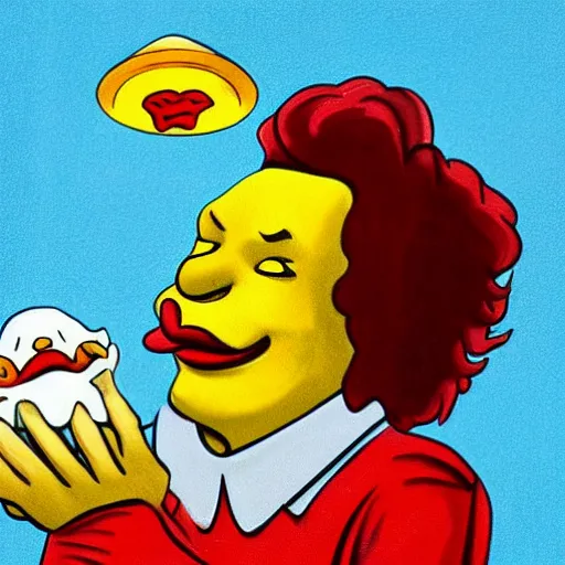 Image similar to communist ronald mcdonald with a crying taco, evil, scary, year 2550