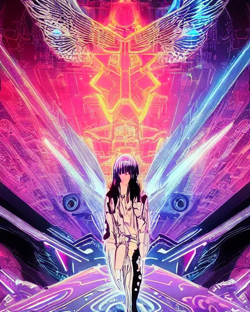 Image similar to white arc - angel with mystic robotic wings, blade runner, akira, ghost in the shell, 2 0 7 7, style of laurie greasley and satoshi kon + symmetric lights and smoke, psychedelic effects, glowing particles, neon rain, glowing runes, de - noise, symmetrical composition, high detailed + tarot card, ornate border, 8 k,