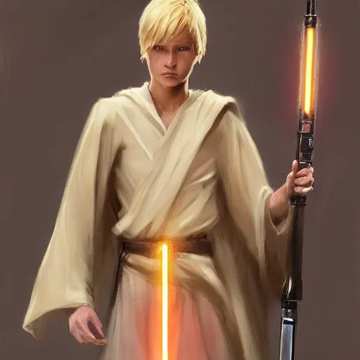 Image similar to a young blonde male jedi with short hair looking away at a threat full body shot concept art by Doug Chiang cinematic concept art, realistic painting, high definition, digital art, matte painting, symmetrical, very detailed, realistic, dramatic lighting, cinematic, establishing shot, extremely high detail, photo realistic, cinematic lighting, post processed, concept art, artstation, matte painting, red color scheme