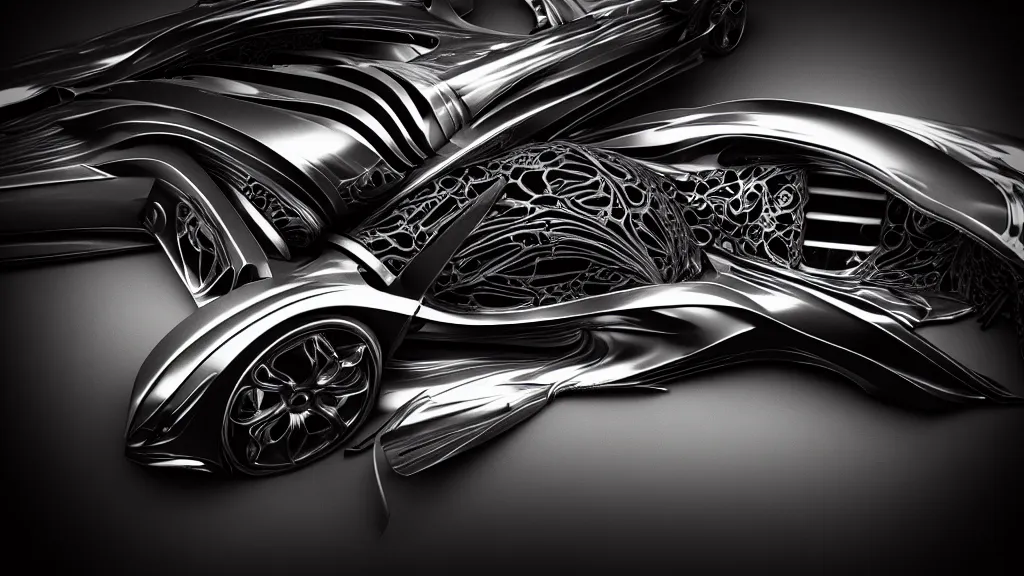 Image similar to biomechanical ribbed spinal dark supercar car, car concept art, baroque painting, beautiful detailed intricate insanely detailed octane render, 8K artistic photography, photorealistic, chiaroscuro, Raphael, Caravaggio, lit by neon lights, BW