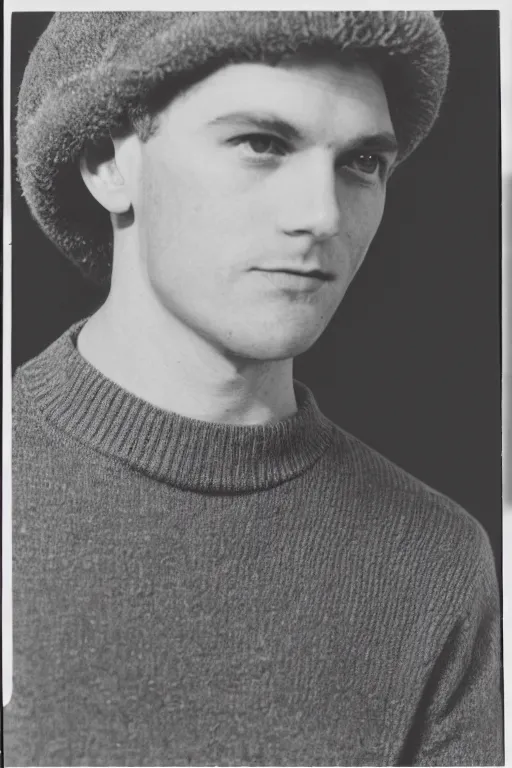 Image similar to gus hall in a sweater, black and white photograph