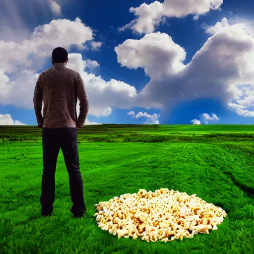 Image similar to man stands on a meadow made of popcorn, fantasy art