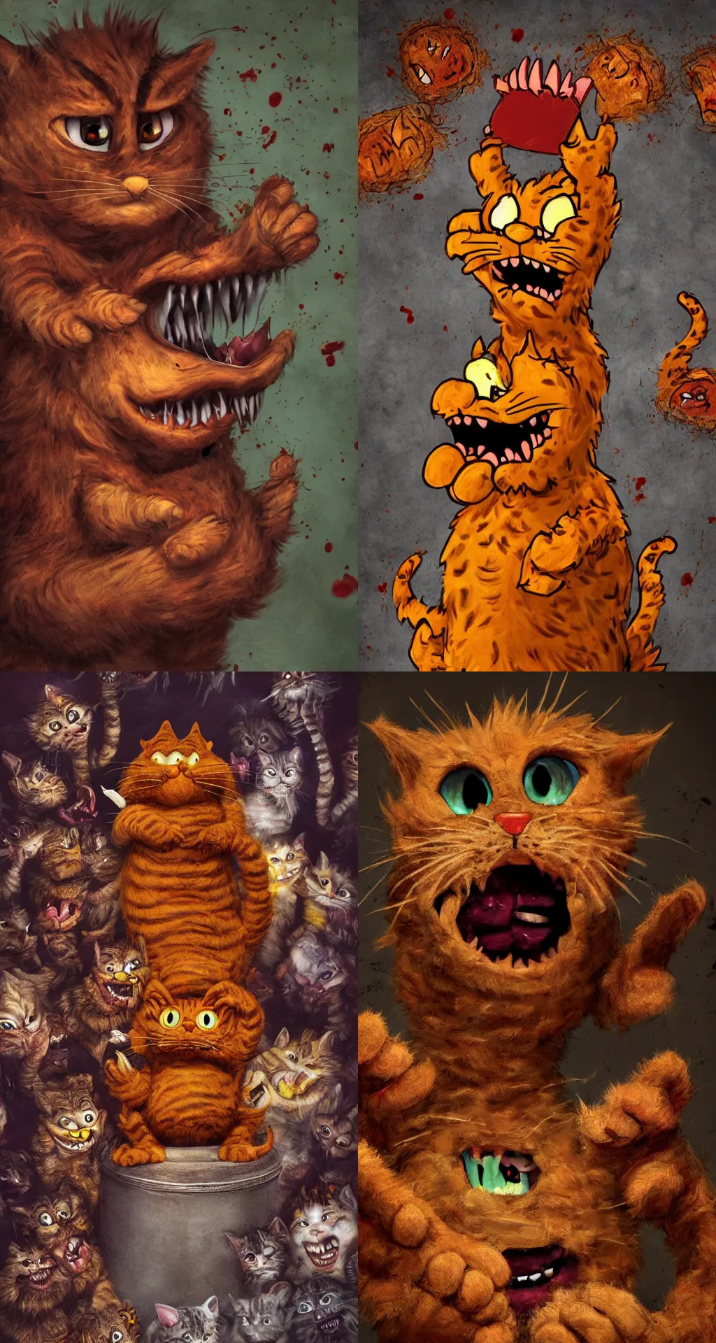 Prompt: realistic photograph of a horrorific monster garfield the cat that's in the middle of eating his victims, blood, cursed, ultra detail, fantasy, darkness, nightmare, horror,, 4 k