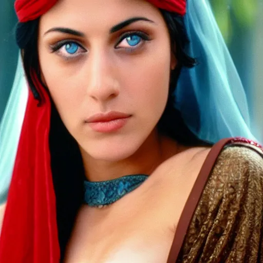 Prompt: young Monica Belluci as an Arab woman, tanned skintone, bright blue eyes, white veil, portrait