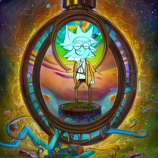 Image similar to The Sapiential sage dreaming with magical reflections of knowledge lost in time ultra high quality surrealism style of rick and Morty