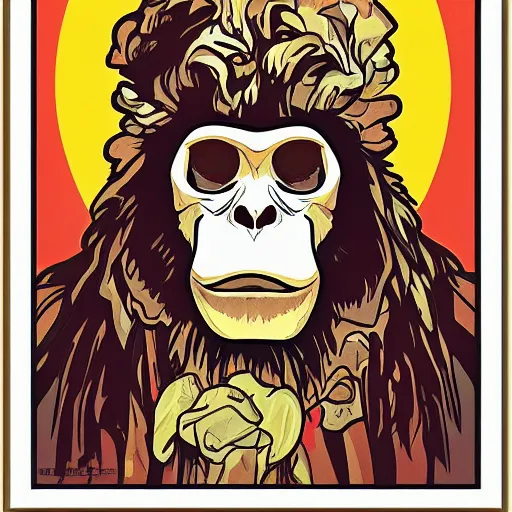 Image similar to ape monkey portrait skull bones in the style of Alphonse Mucha pop art