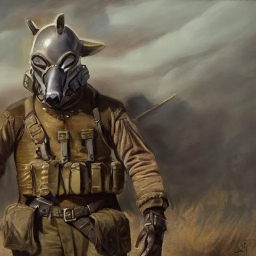 Prompt: american realist painting of dog - faced bipedal pony creature that is a soldier, stark lighting, dramatic