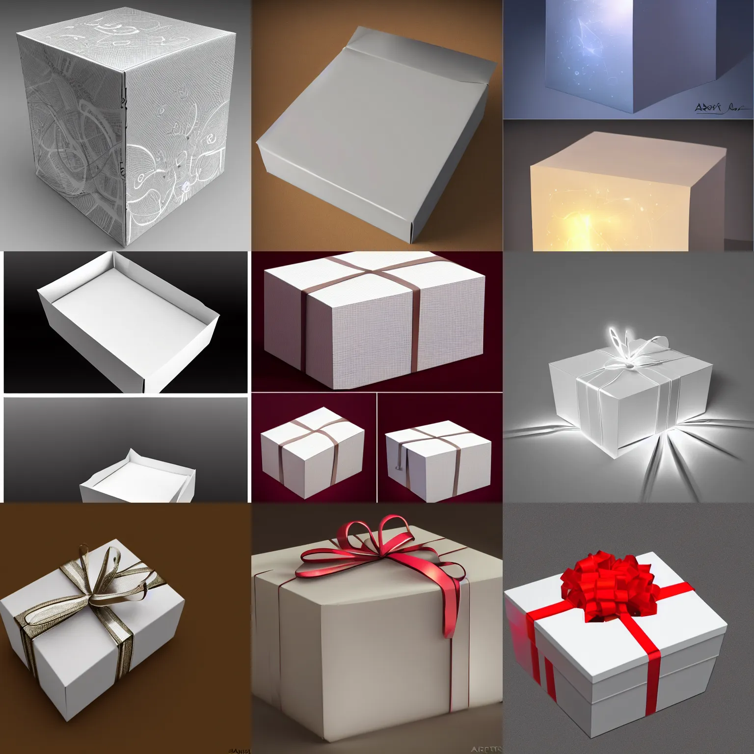 Prompt: open gift white box with glow inside, down-up lateral view, interior hidden, highly detailed digital art, concept art, bokeh, photorealistic trending on artstation,