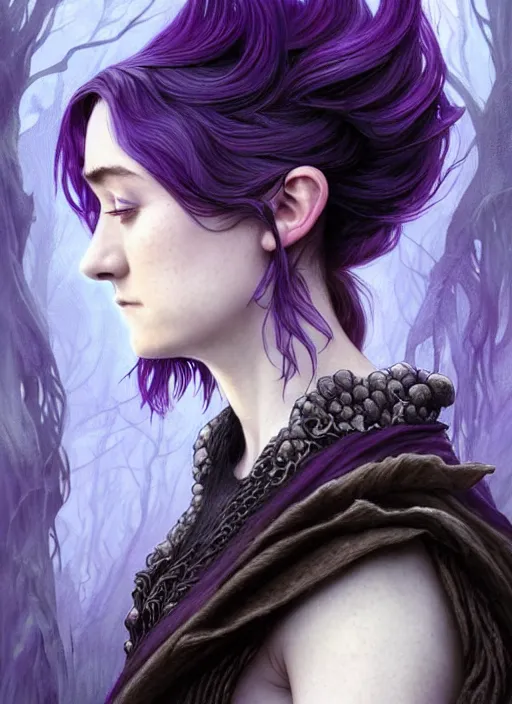 Image similar to side portrait Saoirse Ronan as dark witch, adventurer outfit large cloak, fantasy forest landscape, dragon scales, fantasy magic, undercut hairstyle, short purple black fade hair, dark light night, intricate, elegant, sharp focus, illustration, highly detailed, digital painting, concept art, matte, art by WLOP and Artgerm and Greg Rutkowski and Alphonse Mucha, masterpiece