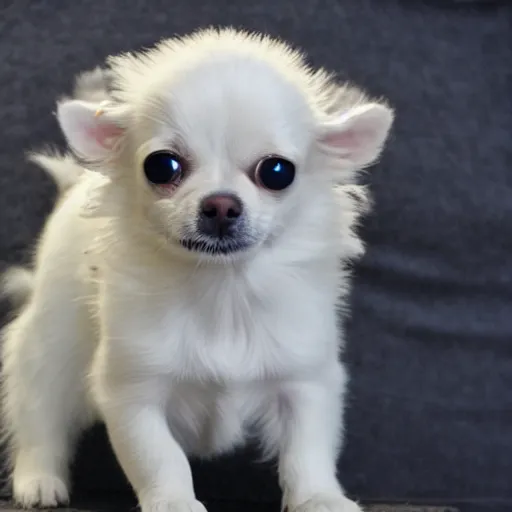 Prompt: white and tan chihuahua with long fur