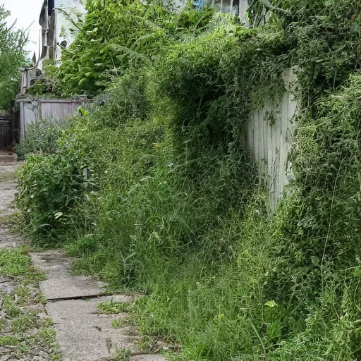 Image similar to liminal poor neighborhood, overgrown, photo taken from the street