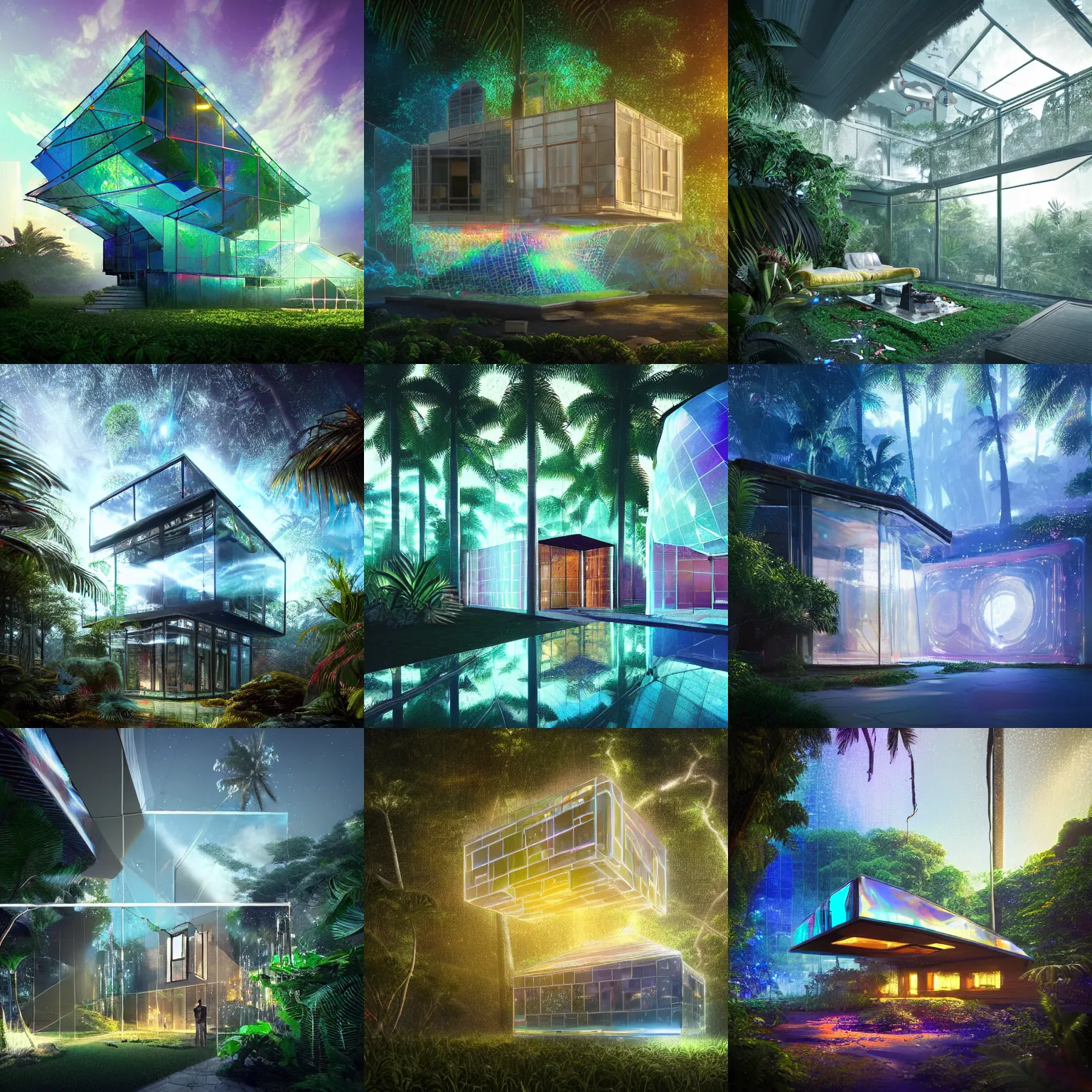 Prompt: beautiful cubic sci-fi house made of shattered glass in a tropical rainforest, architectural render, futuresynth, chillwave, by Gabriel Dawe, by Skottie Young, by Jessica Rossier, metallic architecture, blender 3D, by moebius, night, (mist), lights, cyberpunk, trending on artstation