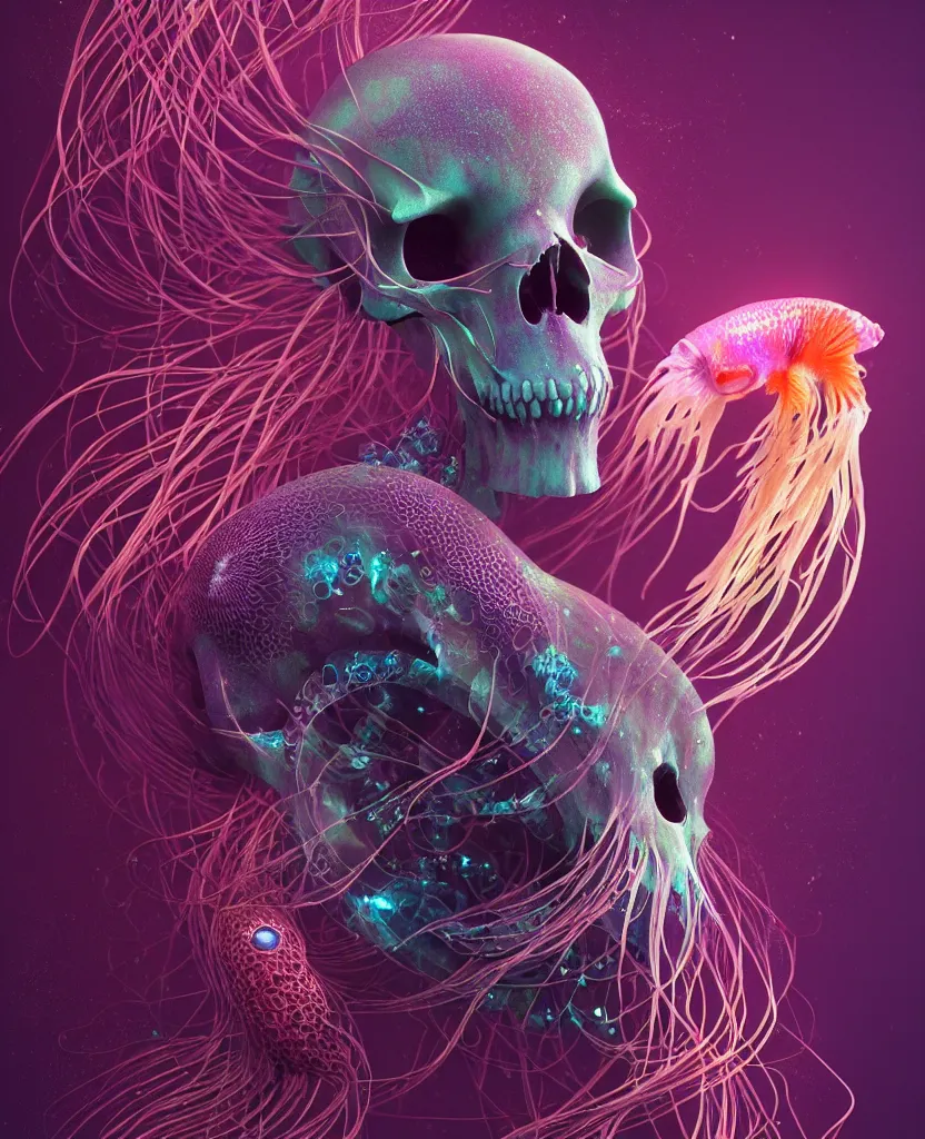 Image similar to goddess close-up portrait animal skull. jellyfish phoenix head, nautilus, orchid, skull, betta fish, bioluminiscent creatures, intricate artwork by Tooth Wu and wlop and beeple. octane render, trending on artstation, greg rutkowski very coherent symmetrical artwork. cinematic, hyper realism, high detail, octane render, 8k